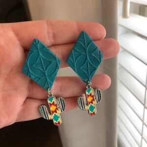 Handmade Turquoise Colored Polymer Clay Large Cactus Dangle Earrings